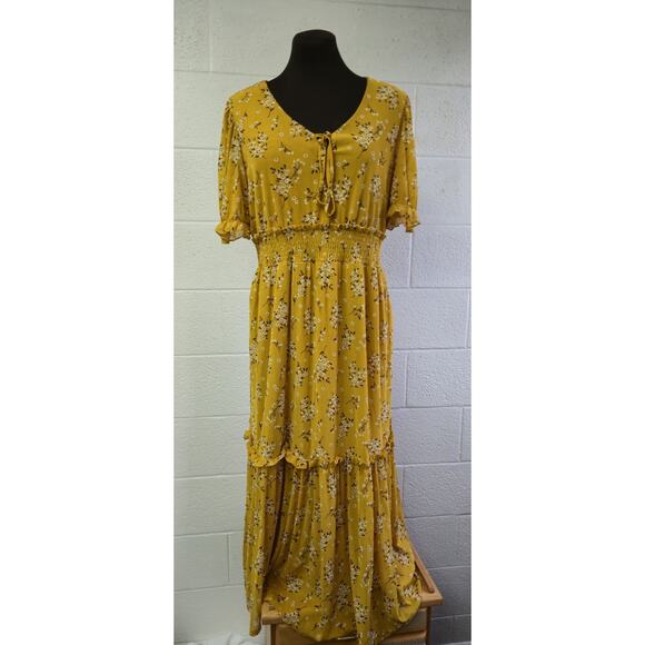 Sirenlily 3/4 Sleeve Maxi Floral Dress XL Yellow Lined Smocked Waist Tiered - Picture 5 of 7